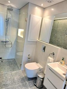 a bathroom with a toilet and a shower and a sink at SAIFI Apartments in Beirut +16 photos