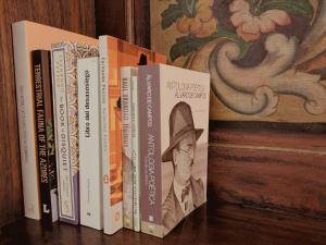 a row of books sitting on a shelf at Casa da Delonga in Nordeste