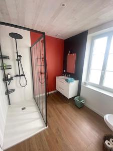 a bathroom with a shower and a sink and a mirror at L'Olivier in Charron