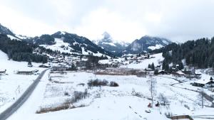 a snow covered mountain with a town and a road at Haus Panorama in Schwarzsee +5 photos