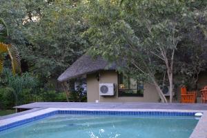 a house with a swimming pool in front of a house at Chobe Sunset Chalets in Lesoma