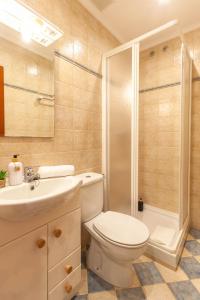 a bathroom with a toilet and a sink and a shower at Habitaciones Guriezo in El Puente
