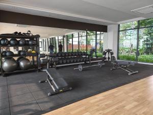 a gym with lots of exercise equipment and large windows at Sunsuria Forum Soho by Diamond in Shah Alam