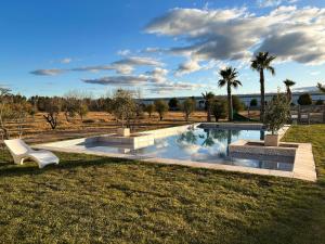 a swimming pool in a grassy field with a white chair at Hotel Finca Alvear in General Alvear