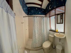 a bathroom with a shower and a toilet and a sink at Hostal El Bohío in Palomino +67 photos