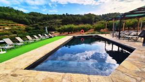 ein Swimmingpool mit grünem Rasen und Stühlen in der Unterkunft Quinta do Limite - Agroturismo in Covilhã