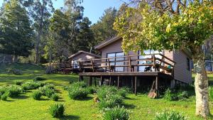 a house with a deck in the yard at Cabañas Isla Del rey in Valdivia