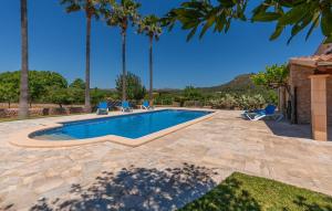 a swimming pool with blue chairs and palm trees at Can Cremat in Artá