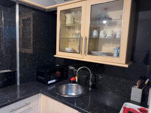 a kitchen counter with a sink and a microwave at Stylish Glasgow Apartment in Whiteinch +5 photos