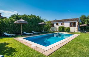 a swimming pool in a yard with umbrellas at Can Polito in Can Picafort