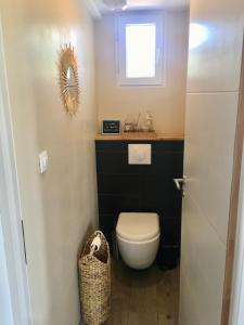 a small bathroom with a toilet and a window at Maison côté lac in Parentis-en-Born +32 photos