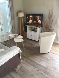 a living room with a tv and a couch at Maison côté lac in Parentis-en-Born