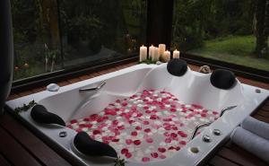 a bath tub filled with flowers in a room with a window at Refúgio Bocaina in Bocaina do Sul