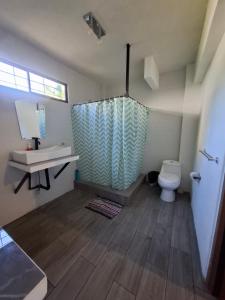 a bathroom with a shower and a toilet and a sink at Coco Beach House in Coco