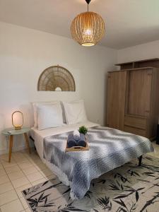 a bedroom with a bed with a tray with towels on it at Cozy cocoon in La Madeleine in Cayenne
