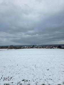 a snow covered field with buildings in the background at Naturnest Berzbuir in Düren - Eifel