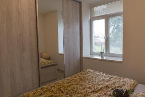 a bedroom with a mirror and a bed and a window at Iglovia apartman in Spišská Nová Ves