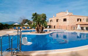 a swimming pool with a palm tree and a building at Can Picafort in Can Picafort