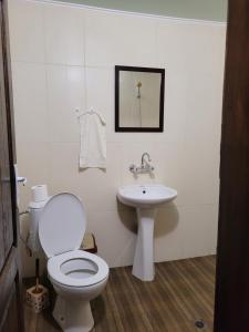 a white bathroom with a toilet and a sink at Къща за гости Българа in Vetren