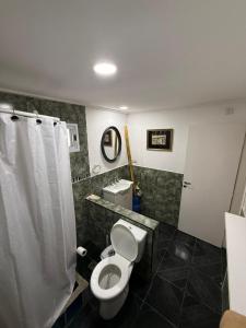 a bathroom with a toilet and a shower curtain at Casa Rincon caleta in Mar de Cobo +19 photos
