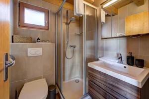 a bathroom with a shower and a toilet and a sink at Chalet Renard Roux in La Tzoumaz +26 photos