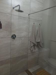 a shower with a glass door with towels at 7th Heaven Guest Unit in Paarl
