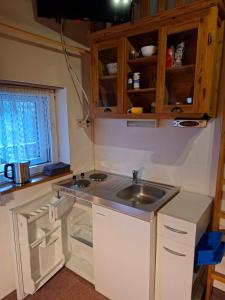 eine kleine Küche mit Spüle und Fenster in der Unterkunft Gassermühle - Studio Appartments in Eggen + 26 Fotos