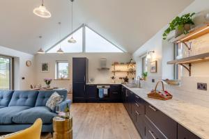 a kitchen and living room with a blue couch at 2 Bed in Melplash oc-r30043 in Netherbury