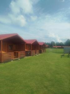 a row of wooden huts on a grass field at Domki letniskowe Wrzoski in Kamień Pomorski