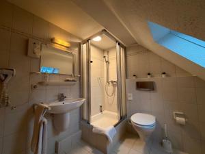 a bathroom with a sink and a shower and a toilet at Gasthof Hotel Bräustübl und Haus Boutique in Selb +84 photos