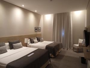a hotel room with two beds and a television at Hotel Finca Alvear in General Alvear +44 photos