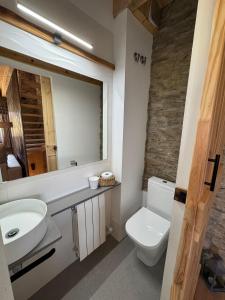 a bathroom with a sink and a toilet and a mirror at Cal Not Celler, Cerdanya in Escardacs