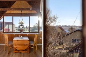 two pictures of a house with a table and a window at FY405-Millinge-Assensvej-422 in Faldsled