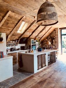 a kitchen with an island in a room with wooden ceilings at La Grange de Timon in Laguiole