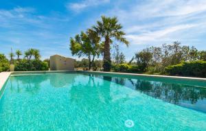 a large blue swimming pool with trees and palm trees at Ca Na Neus Pollenca in Pollença