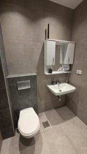 a bathroom with a white toilet and a sink at Apartman Nadja in Šabac