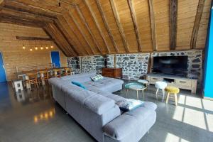 a living room with a couch and a table and a television at La grange du vezou in Paulhenc