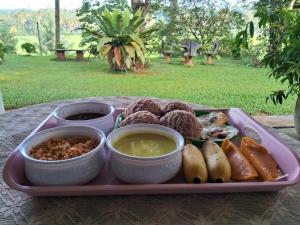 a tray of food with dip and other foods on a table at Villa Rice Edge in Matara