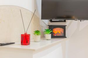 a shelf with three plants and a fireplace at Il borgo incantato in Bitonto