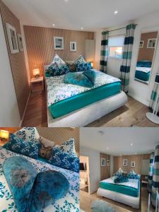 two pictures of a bedroom with two beds at Ferienhaus Leon mit Sauna in Rehburg-Loccum
