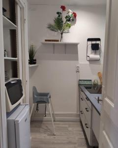 a kitchen with a desk with a chair and a tv at Cosy Jade - Quartier Vivant du Chateau - Parking souterrain in Pau