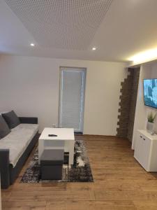 a living room with a couch and a table at Apartmán u Trojáků in Pozlovice