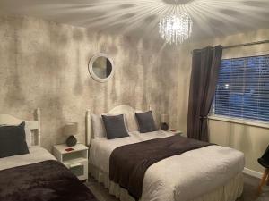a bedroom with two beds and a chandelier at Barrow View Accommodation in Mountmellick +24 photos