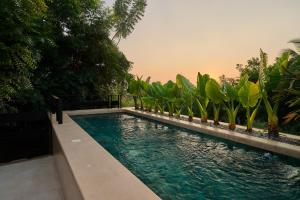 a swimming pool with blue water and plants at Hotel Compartir in Brisas de Zicatela