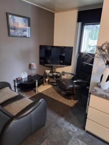 a living room with a large flat screen tv at Appartement Ons Plekje in De Wilp
