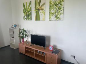 a living room with a flat screen tv on a wooden cabinet at Rob's House in Lalmatie