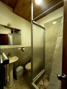 a bathroom with a shower and a toilet and a sink at Rajutuna Inn in Huaraz +55 photos