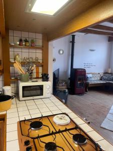 a kitchen with a stove and a microwave at Aux cieux enchanteurs maison magique et spa in Hondschoote