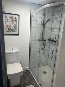 a bathroom with a toilet and a glass shower at Woodlands Banff in Banff +23 photos