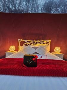 a bed with a red blanket and a black box on it at La Bulle Des Anges in Illoud